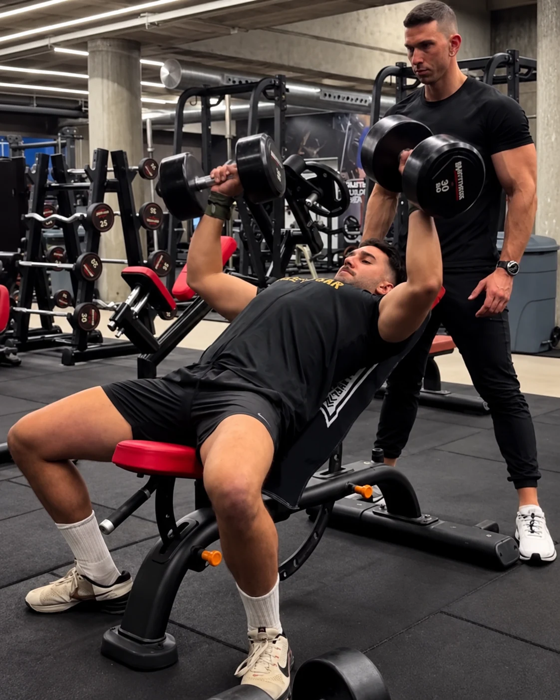 Ruben realiza un press inclinado con mancuernas acompañado por otro deportista