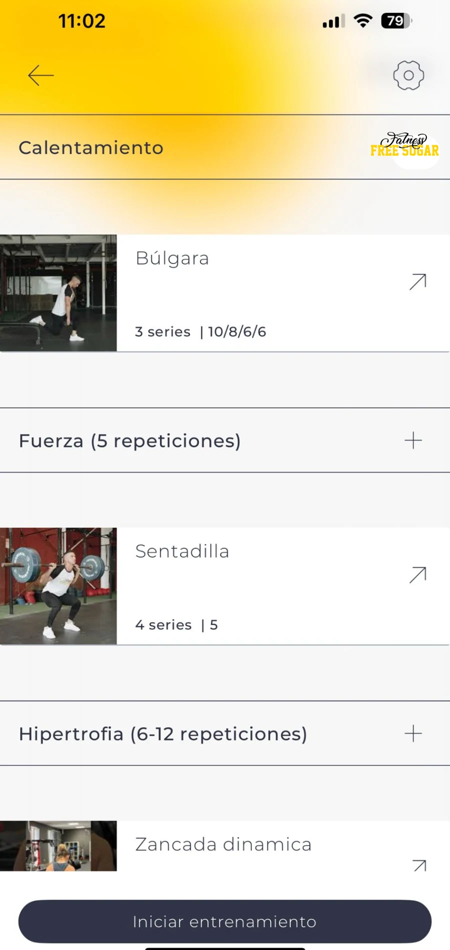 Vista del entrenamiento en la app FATNESS